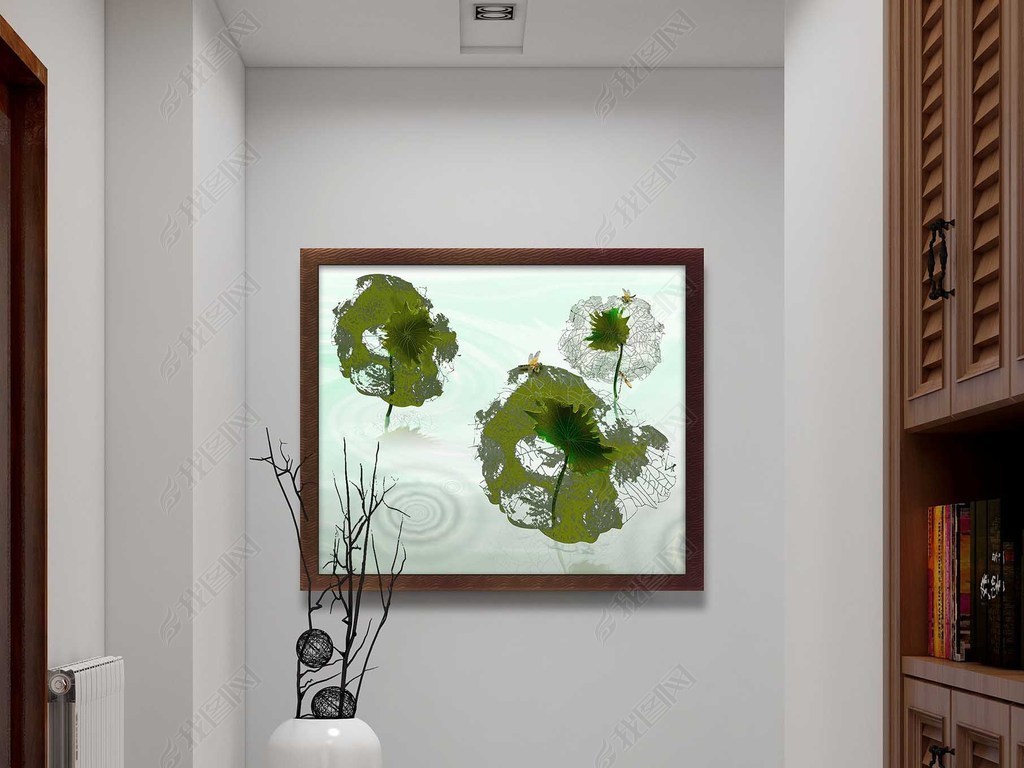 原创中式写意儒雅荷花挂画荷叶残叶玄关装饰画版权可商用