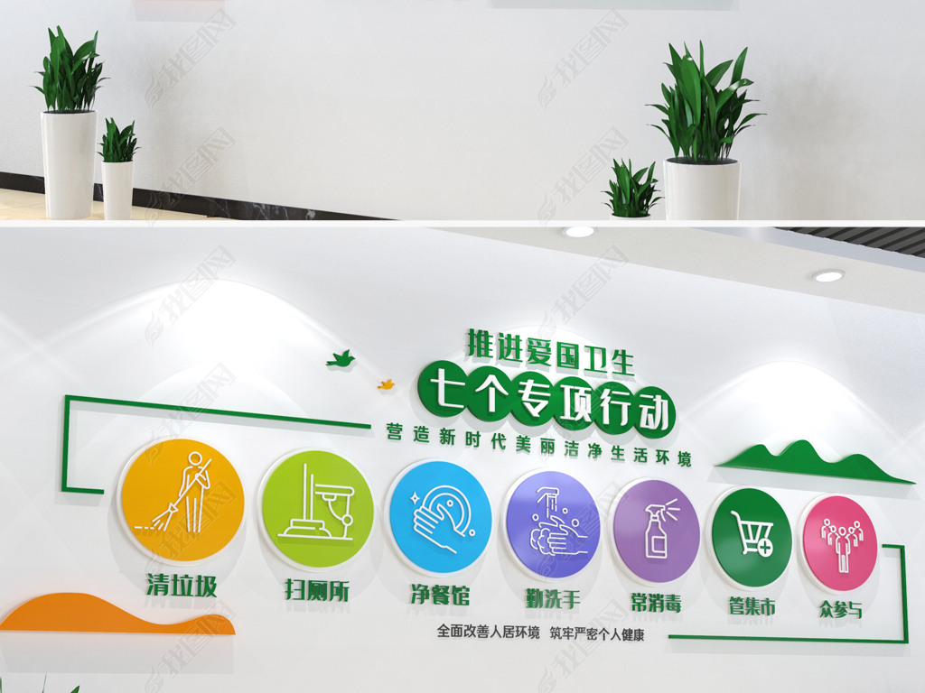 原创爱国卫生七个专项行动文化墙卫生环保宣传文化墙版权可商用