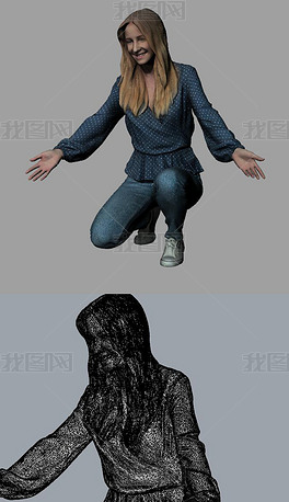 原创女性人物蹲下双手张开姿势犀牛模型3d模型版权可商用