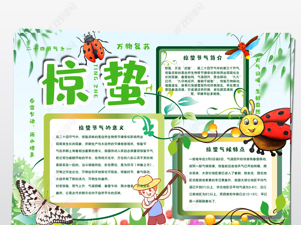原创惊蛰手抄报二十四节气惊蛰宣传手抄报设计模板-版权可商用
