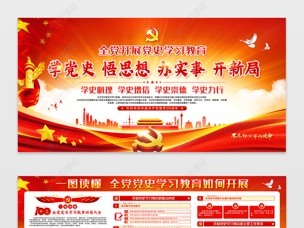 一图读懂100周年党史学习教育动员大会展板