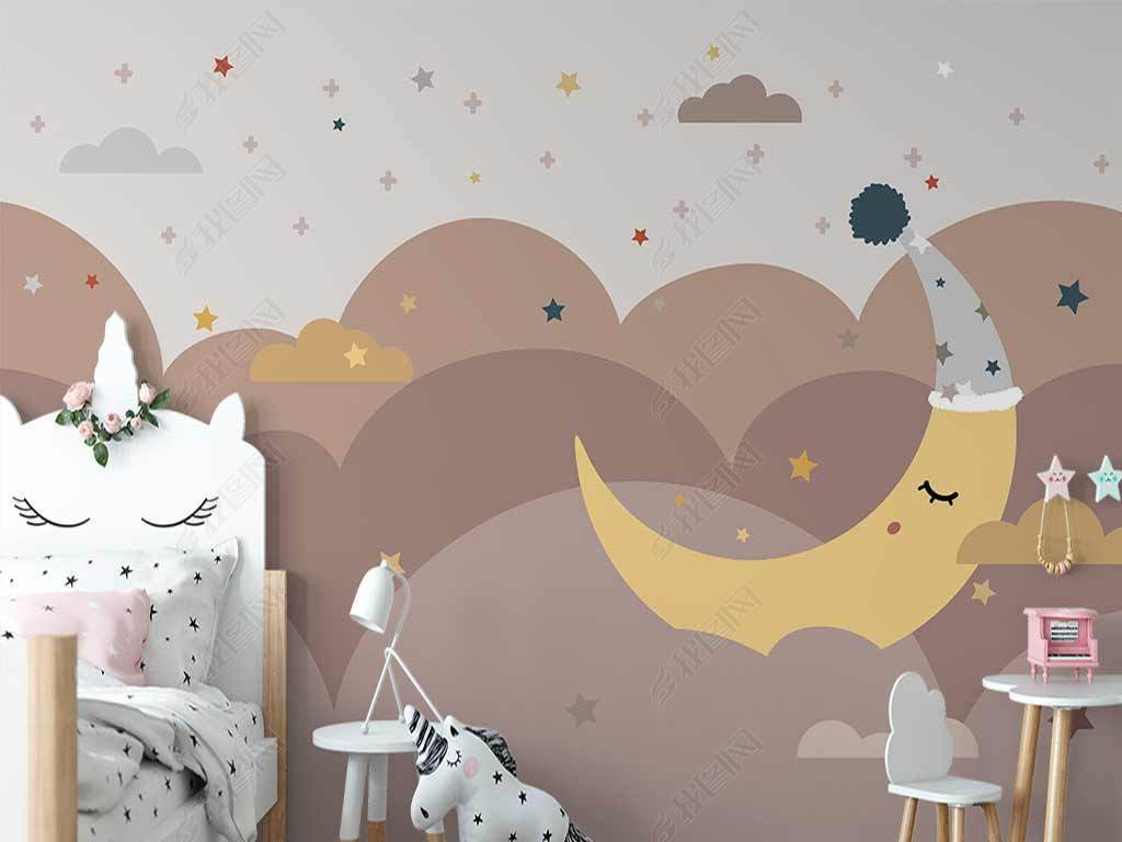 北欧ins手绘晚安月亮云朵星空儿童房背景墙