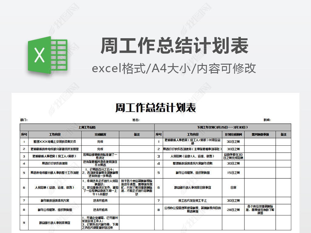 原创周工作总结计划表模版版权可商用