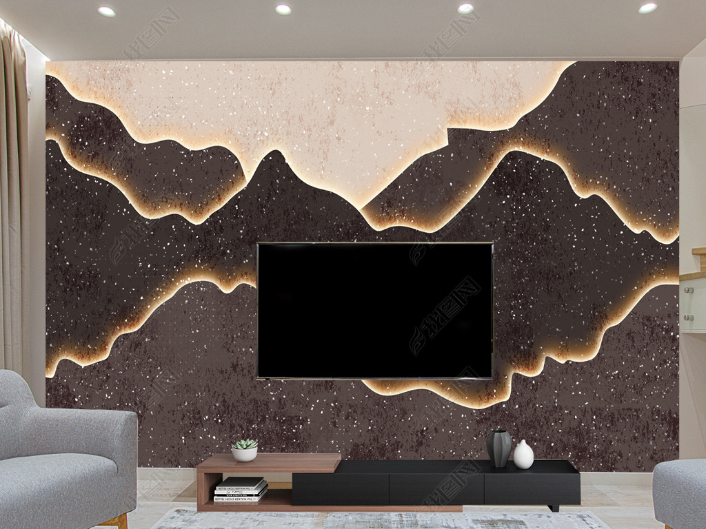 新中式手绘抽象发光山峰大理石咖啡色背景墙