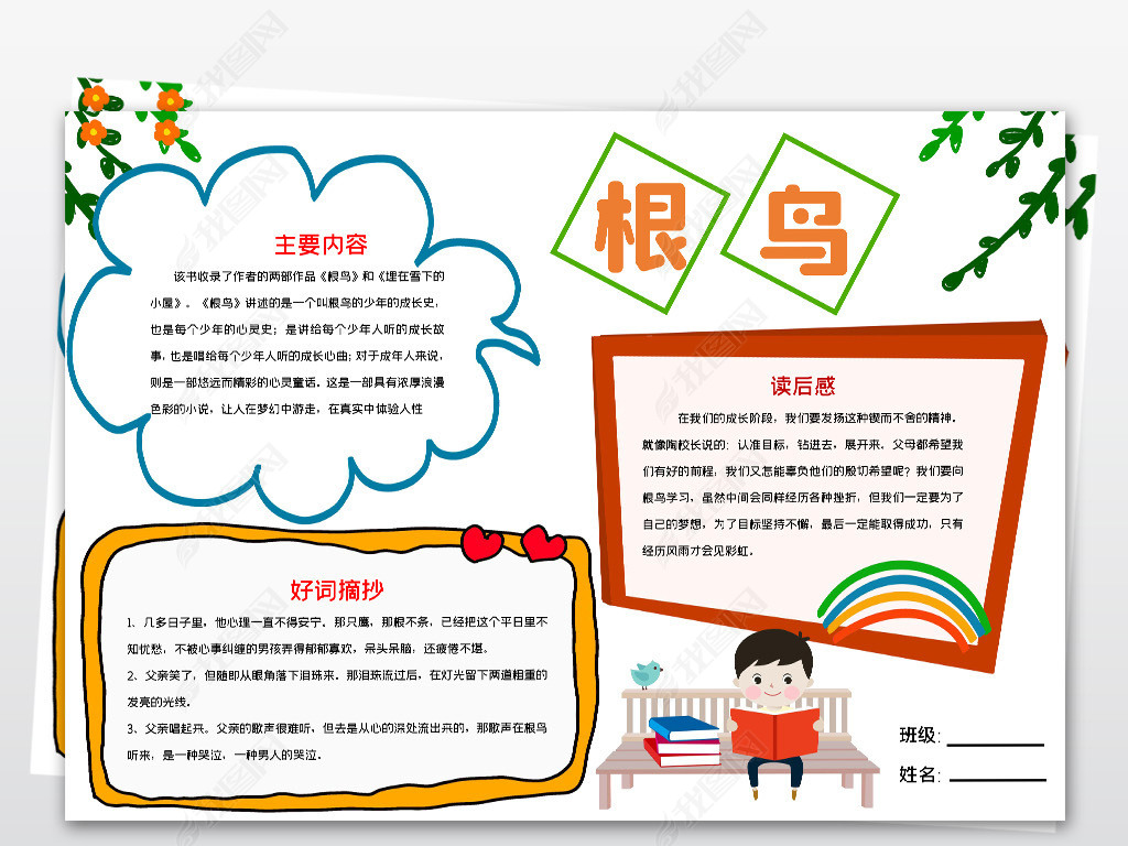 原创word版读书小报文学名著手抄报根鸟版权可商用