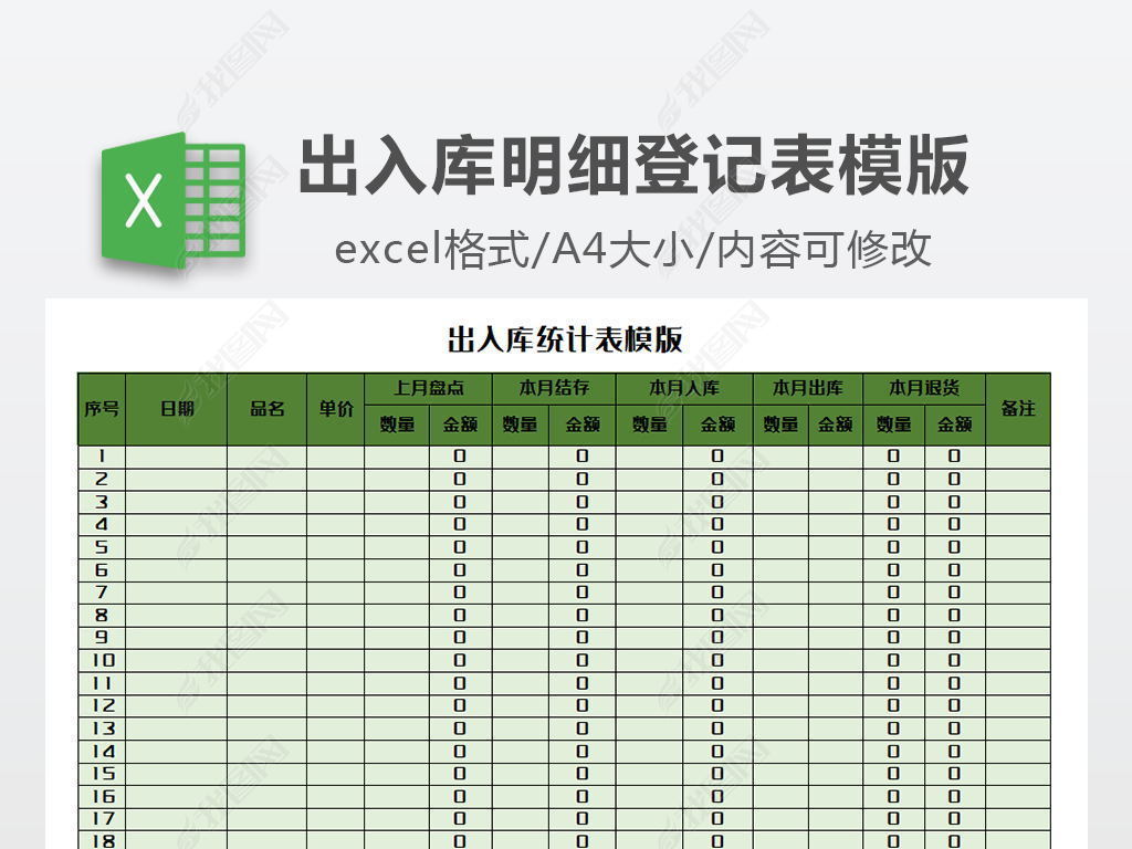 excel表格 仓库|仓储 库存单 > 出入库统计表模版登录后查看完整大图