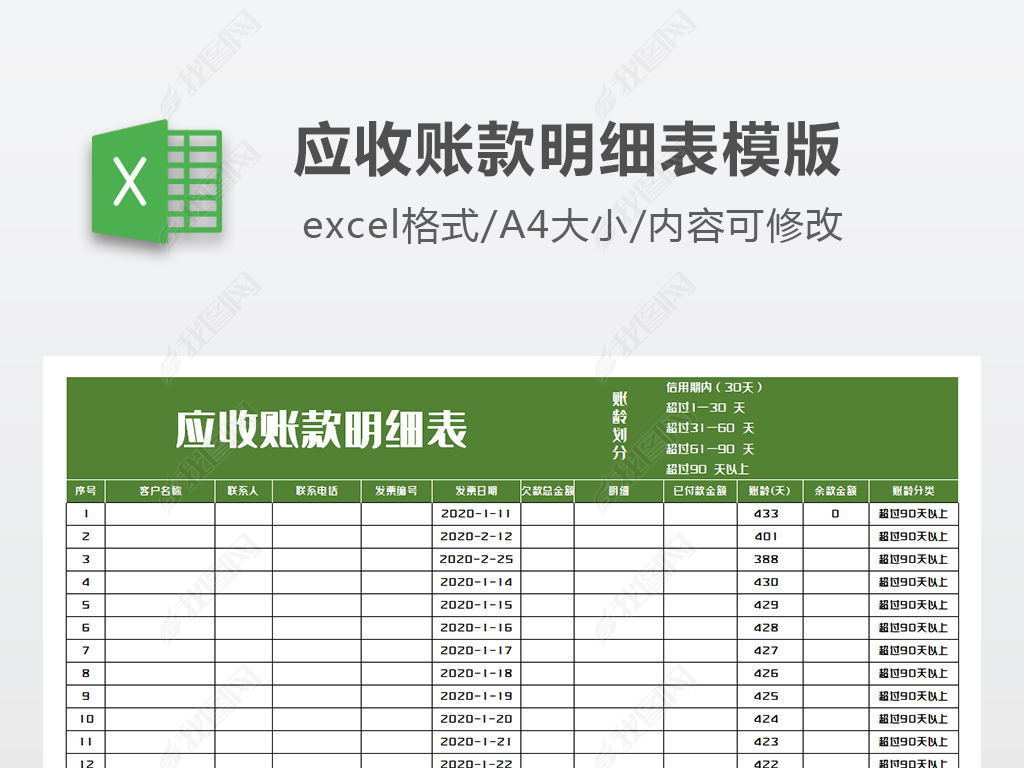 原创应收账款明细表模版版权可商用