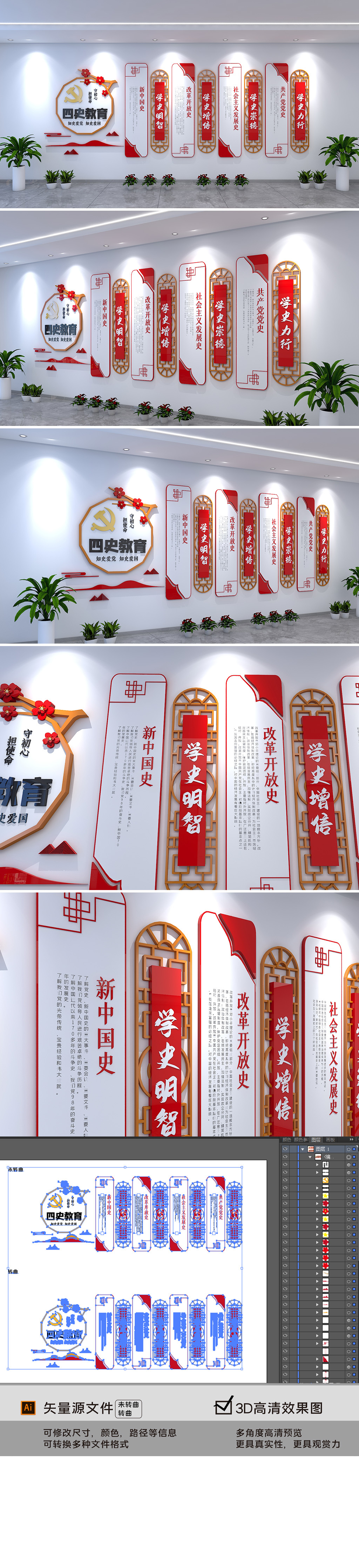 原创中国四史教育文化墙党史教育文化墙五星党建文化