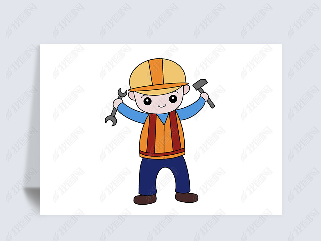 原创五一劳动节带安全帽手拿工具的卡通工人免扣元素版权可商用
