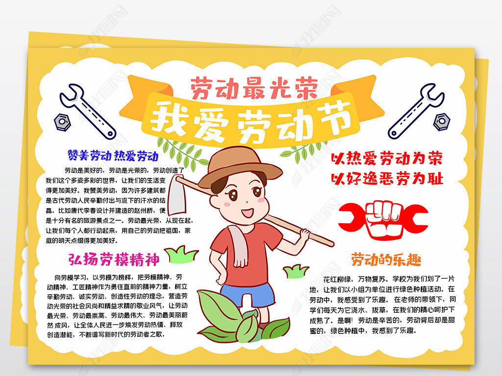 原创劳动小报劳动伴我成长家务小报今天我当家劳动节版权可商用