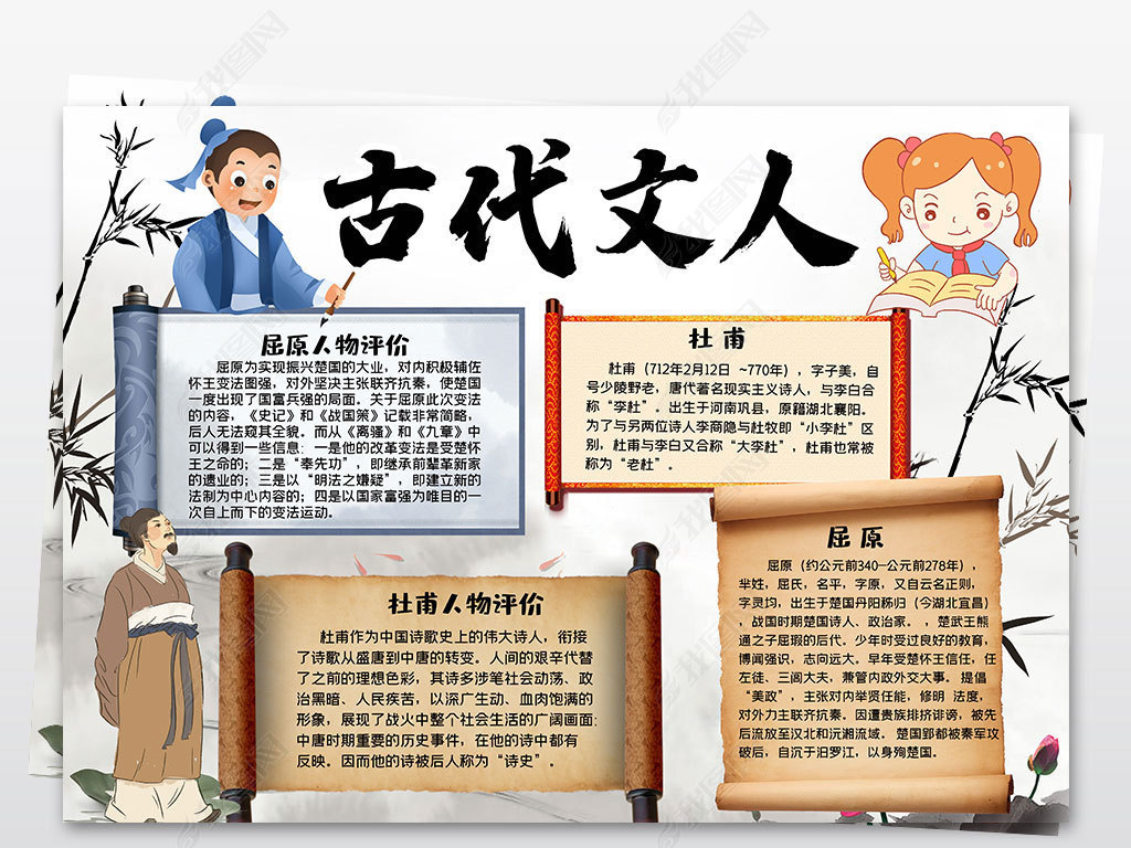 原创诗圣杜甫小报中国经典古代著名诗人屈原手抄报版权可商用