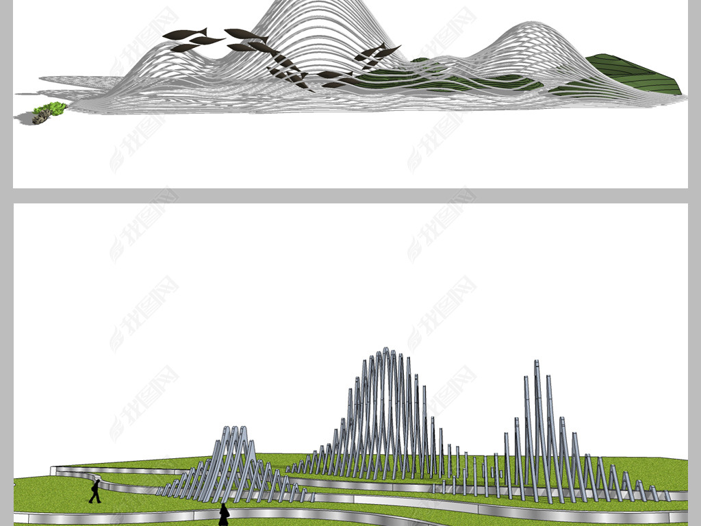 原创新中式山水山形线条水景su模型版权可商用