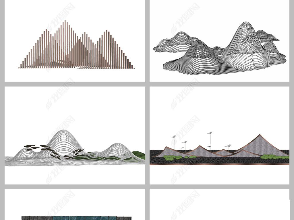 原创新中式山水山形线条水景su模型版权可商用