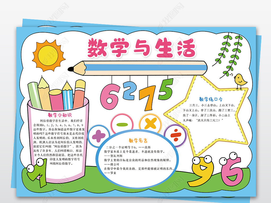 原创数学与生活小报我爱数学学科电子手抄报模板版权可商用