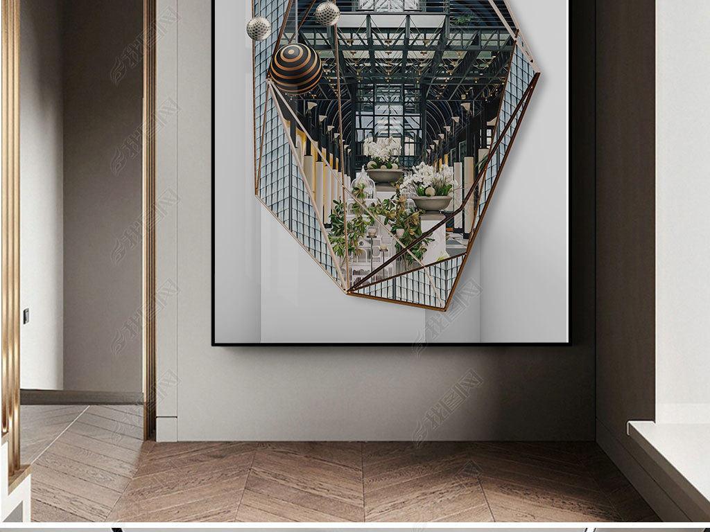 原创北欧现代简约抽象轻奢建筑风景玄关装饰画镜面画版权可商用