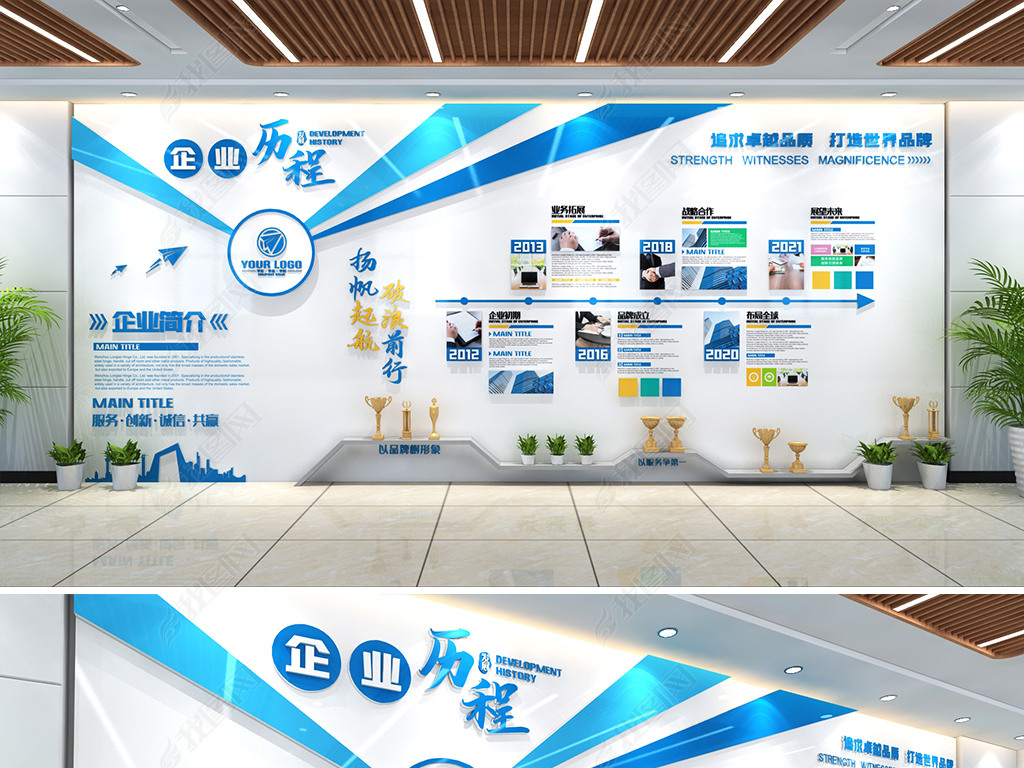 原创蓝色全墙科技造型企业文化墙公司企业发展历程-版权可商用