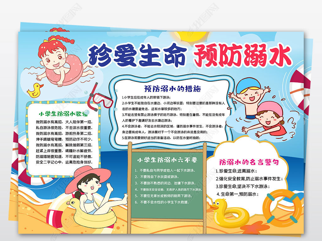原创防溺水小报假期游泳旅游安全校园安全手抄报版权可商用