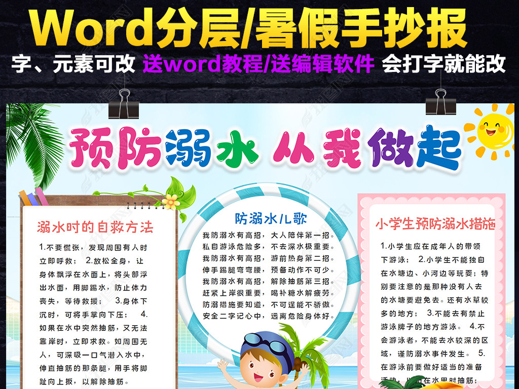 原创防溺水小报假期游泳旅游安全暑假安全手抄报版权可商用