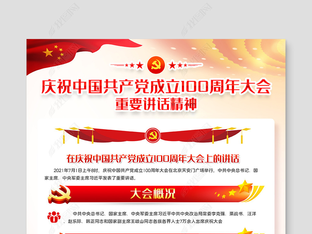 原创庆祝中国共产党成立100周年大会讲话展板海报