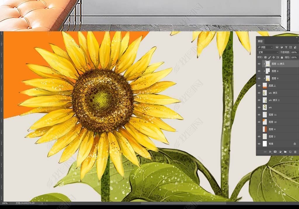 原创北欧抽象手绘向日葵花卉玄关轻奢装饰画版权可商用
