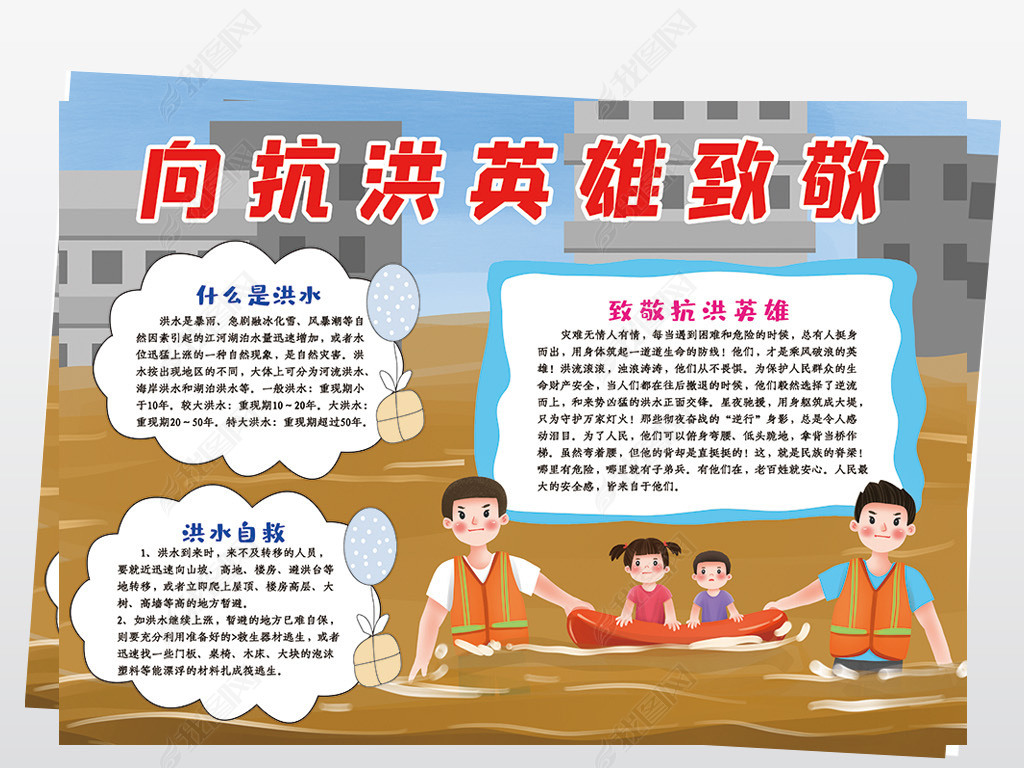 向抗洪英雄致敬小报抗洪抢险洪灾救援手抄报线描