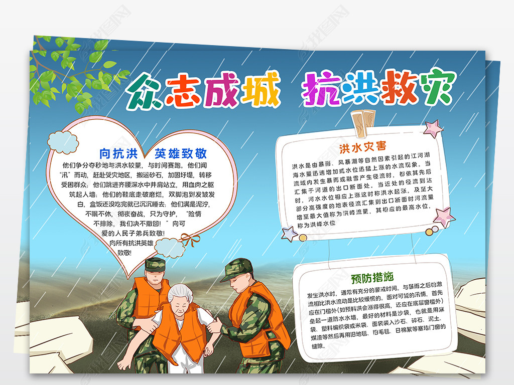 原创众志成城抗洪救灾小报手抄报版权可商用