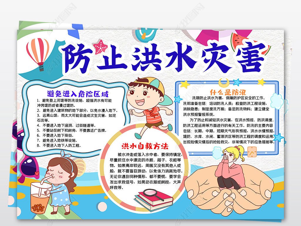 预防水灾洪灾抗洪手抄报汛期防灾防汛电子小报