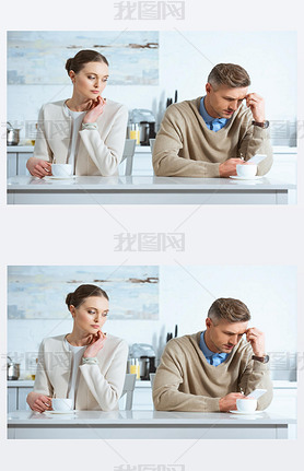 dissatisfied man using artphone and ignoring woman during breakfast in kitchen