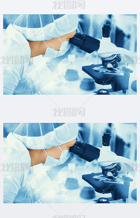 Young woman medical researcher looking through microscop slide in the life science (forensics, micro