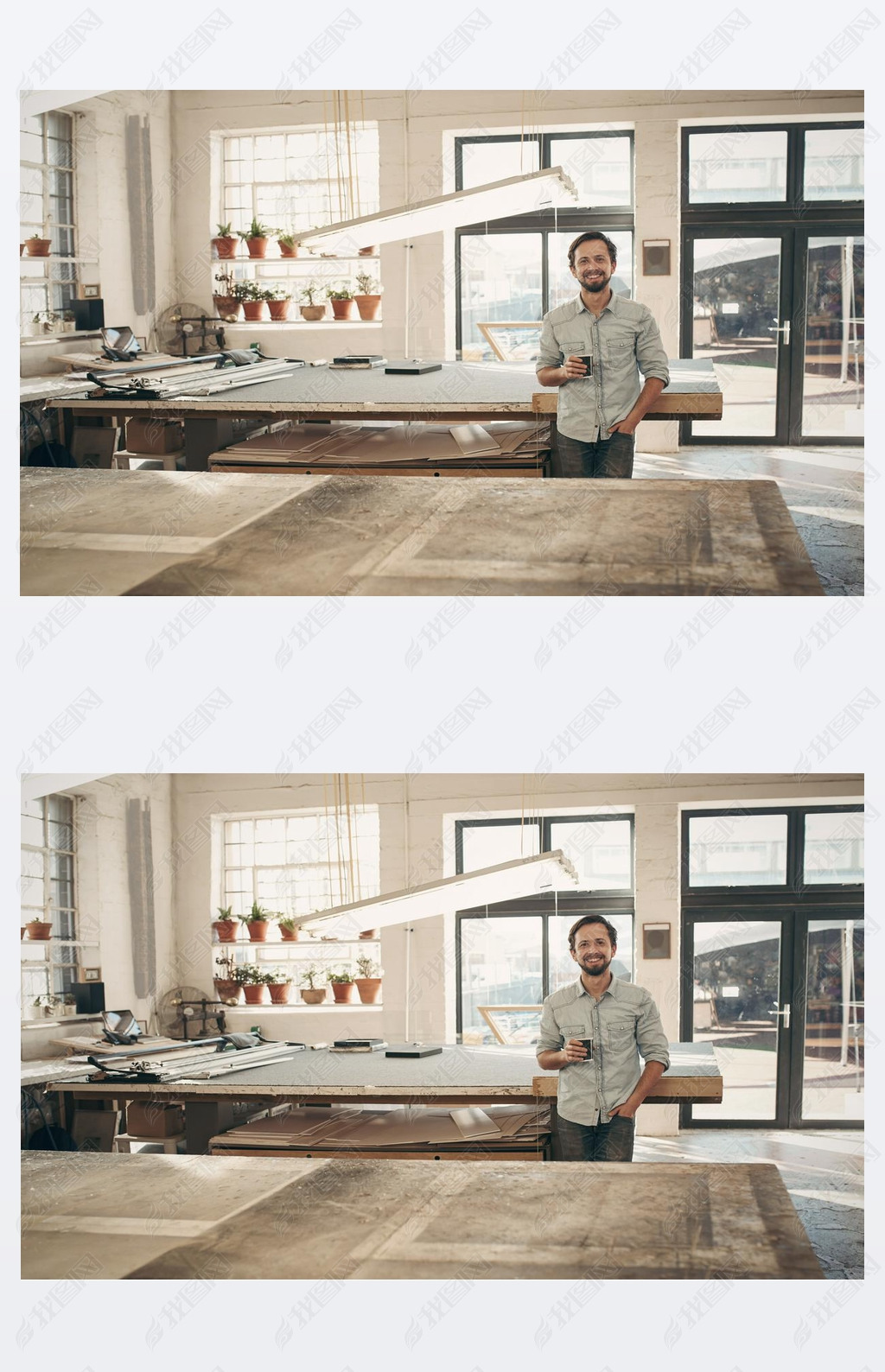 designer standing in workshop with cup of coffee