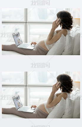 Pregnant woman using technology devices