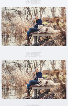 Beautiful girl with pets near the lake