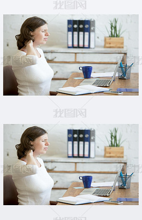 Young office woman feeling pain in the neck