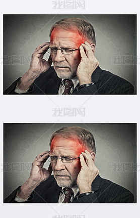 headshot senior man suffering from headache hands on head 
