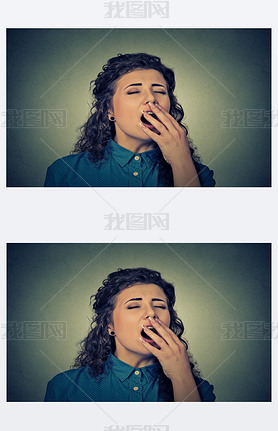 sleepy young woman with wide open mouth yawning eyes closed