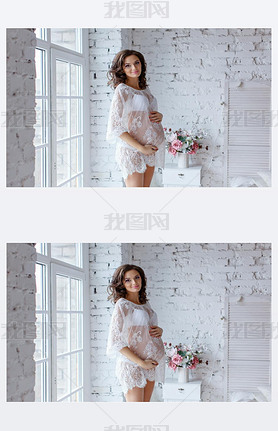 Beautiful soft and sensual pregnant girl in white transparent dr