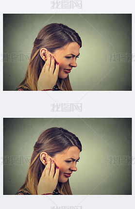 Tinnitus. Closeup side profile sick young woman hing ear pain touching her painful head