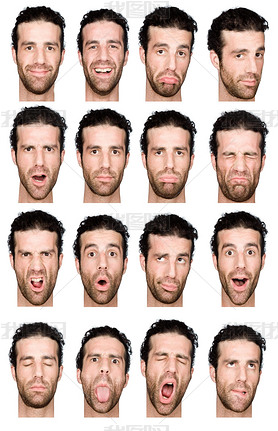 short curly hair brunette adult caucasian man collection set of face expression like happy, sad, ang