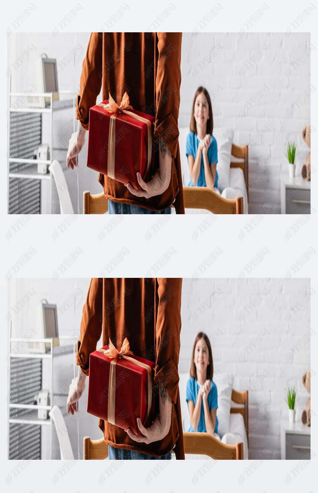 back view of man holding gift box near joyful daughter in hospital bed on blurred background, banner