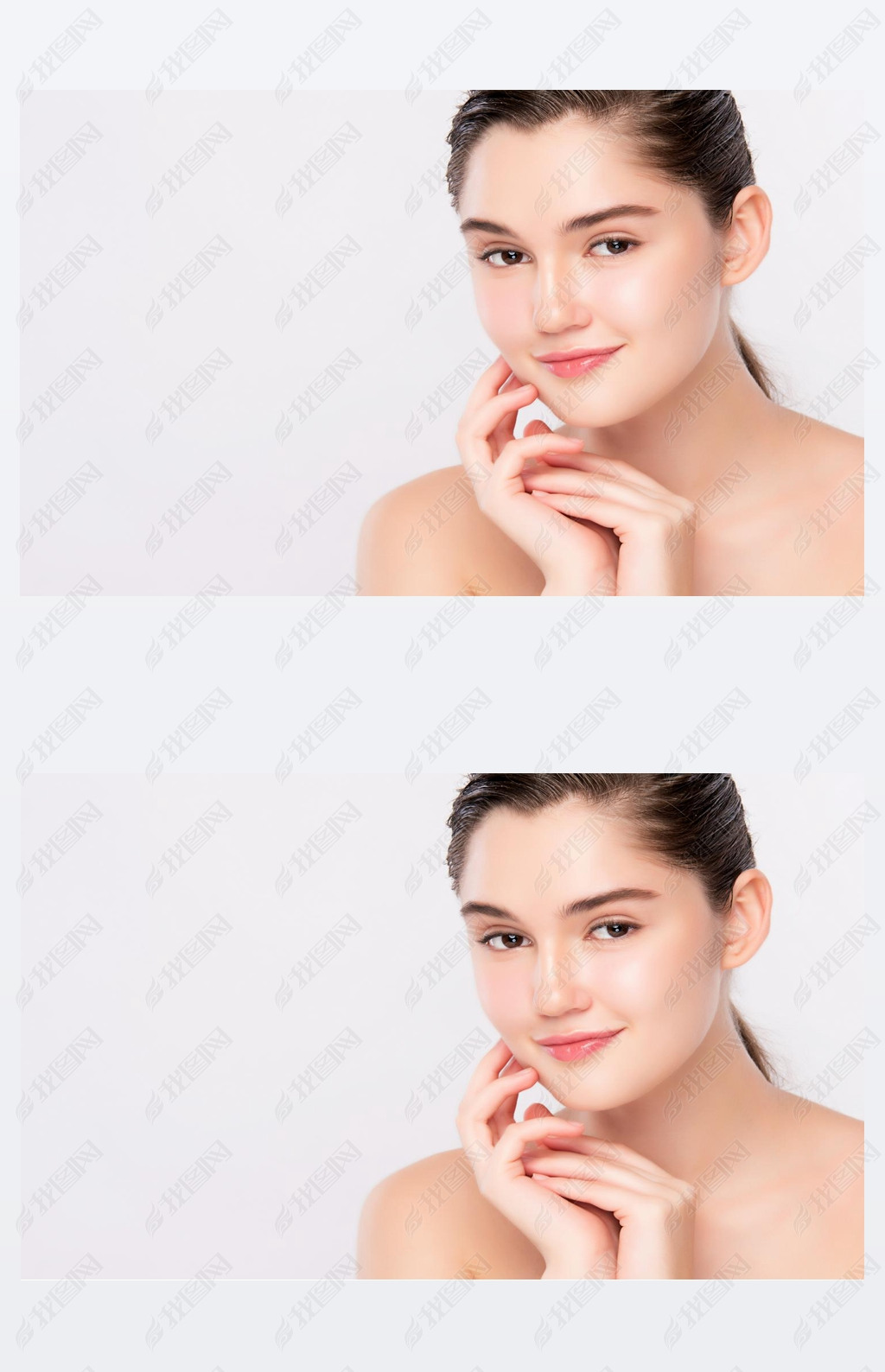 原创美丽的年轻女子用新鲜健康的肌肤触摸着她洁白的脸庞与白色的背景