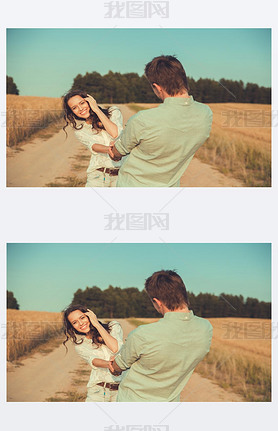 Young couple in love outdoor.in summer in field.le hugging.Young beautiful couple in love stayin