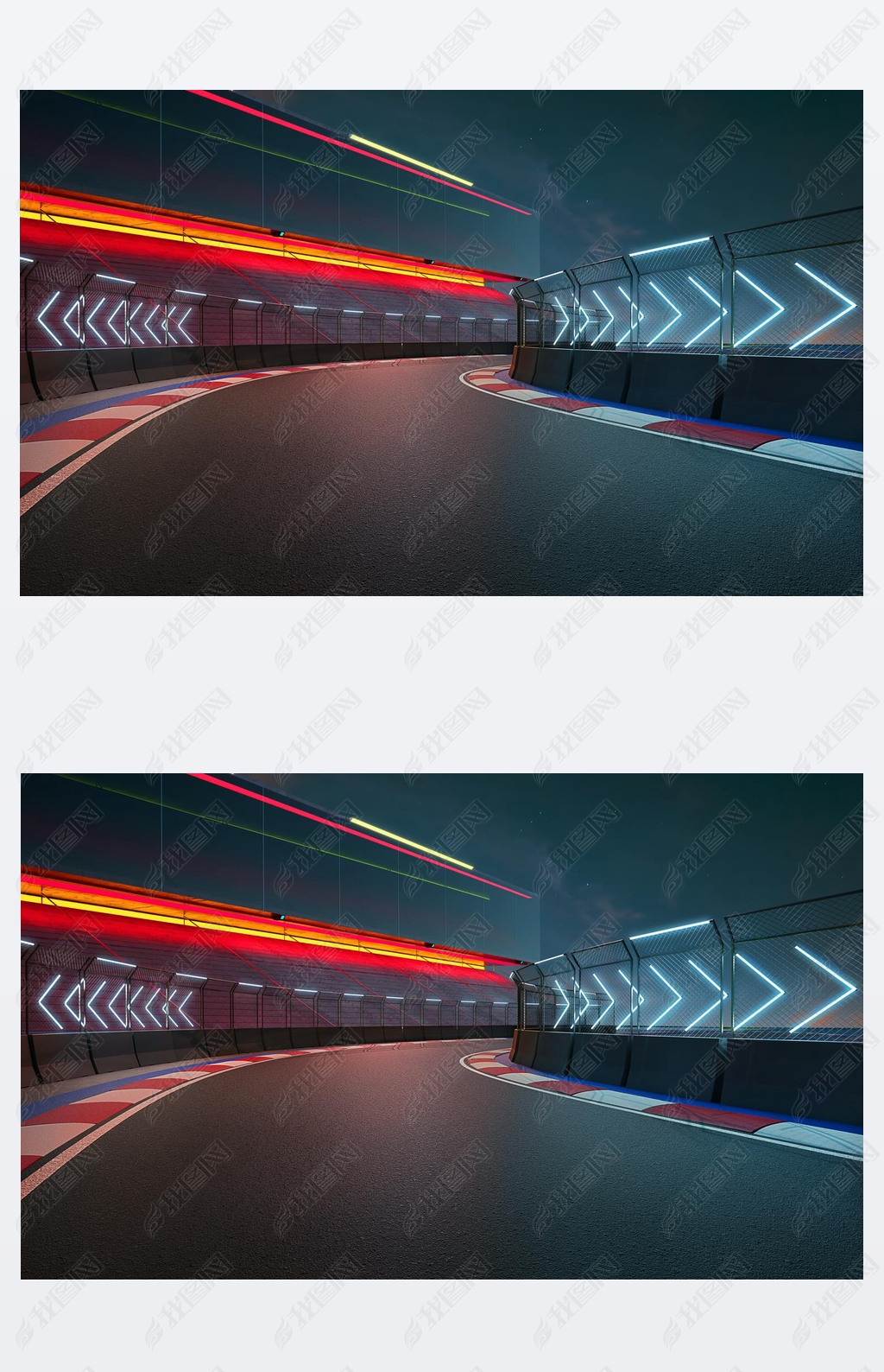 原创夜景现代国际赛车场带栏杆和霓虹灯箭标志3d渲染