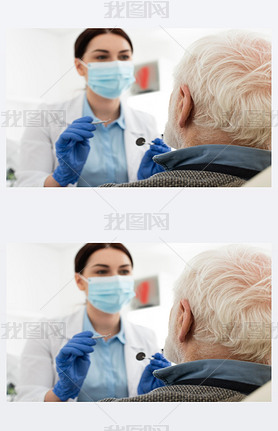 dentist in medical mask examining teeth of senior man with probe and mirror in dental chair