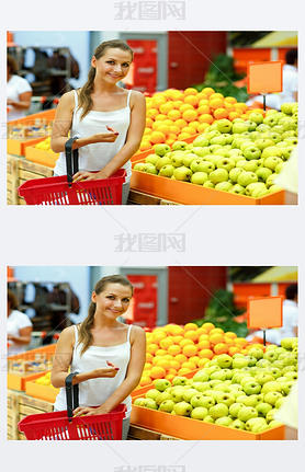 Young woman shopping in a supermarket in the department of fruit