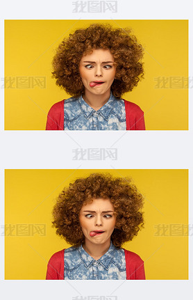 Closeup portrait of crazy woman with fluffy curly hair demonstrating tongue out and making silly fac