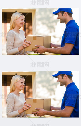 delivery man giving a cardboard box to woman