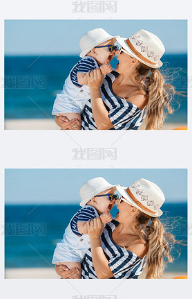 A young mother and her delightful little son on vacation at the beach