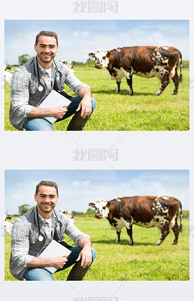 Portrait of a Young attractive veterinary in a pasture with cows