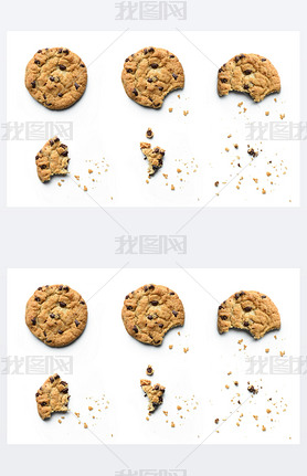 Steps of chocolate chip cookie being devoured. Isolated on white background.