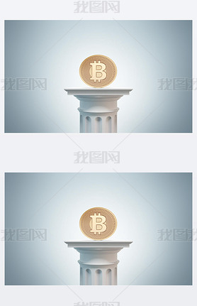 Bitcoin on a column, gray background